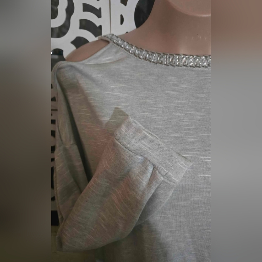 INC International Woman Open Shoulder Embellished Neckline Gray Sweatshirt 2X